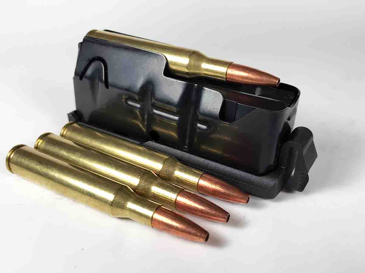 The Ultralite’s detachable magazine holds four .270 cartridges in a staggered column.